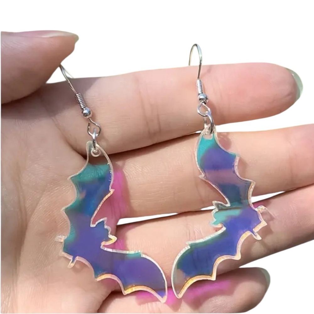 Blue Holographic Bat Dangle Earrings